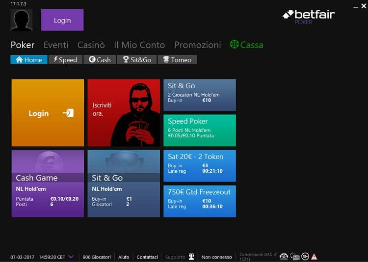 schermata dell'app Betfair Poker