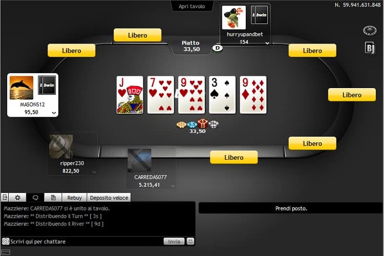 schermata di gioco di Bwin Poker