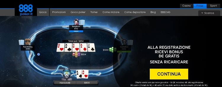 la home page dedicata al poker su 888