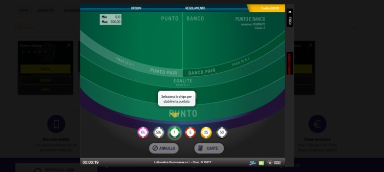 schermata di punto e banco su lottomatica casino