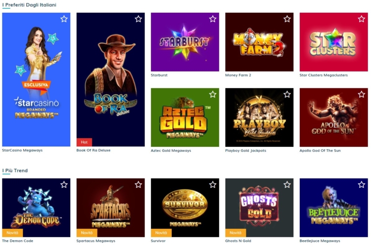 alcune slot disponibili sul sito starcasino