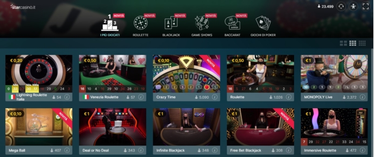 panoramica della sezione casino live su Starcasino