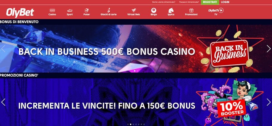 la home page di olybet casino