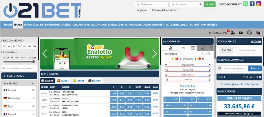 21bet interfaccia grafica