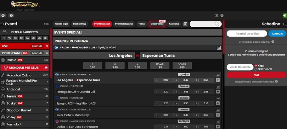 andromedabet interfaccia grafica