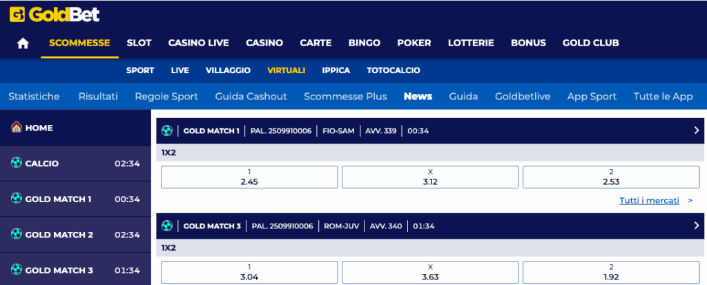 schermata calcio virtuale Goldbet