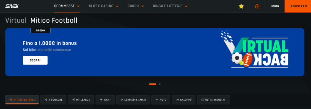 schermata calcio virtuale SNAI