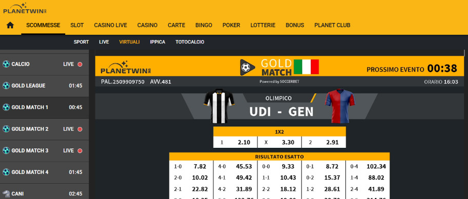 scommesse virtuali planetwin365 schermata