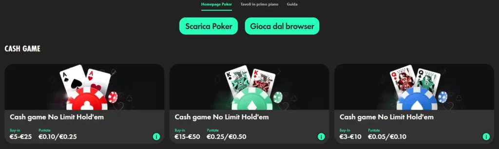 Lobby principale del programma Poker bet365 con giochi e tornei