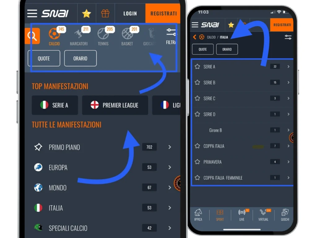 La sezione di Snai scommesse calcio da mobile