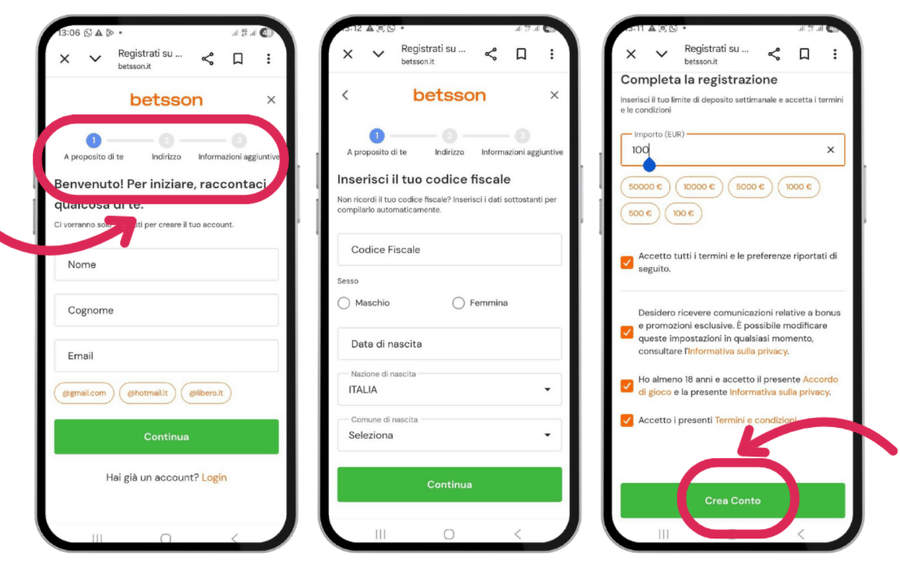 Registrazione senza codice promo Betsson