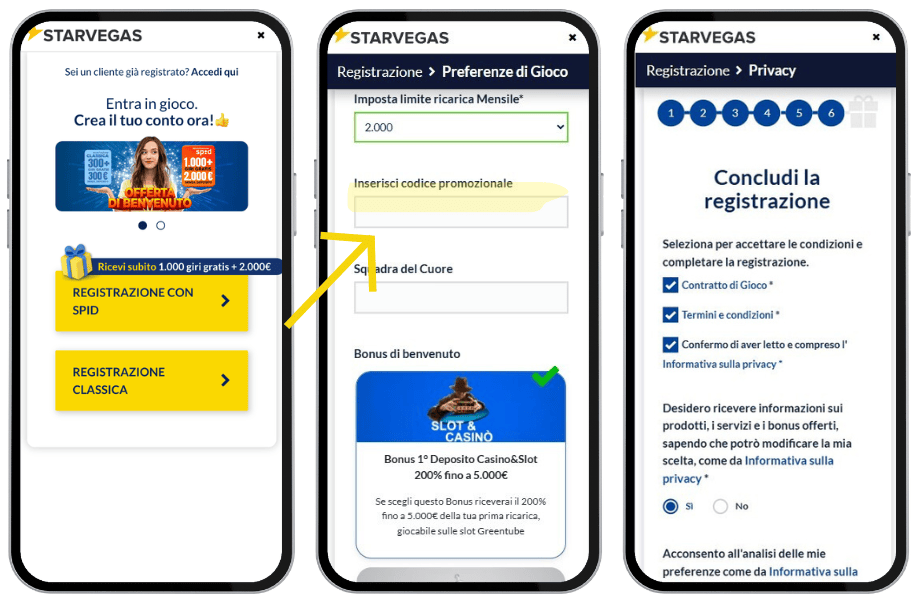 Registrazione Starvegas: codice promozionale optional