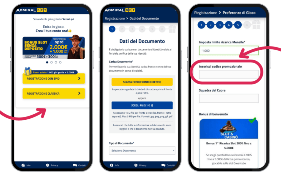 Dove inserire il codice promozionale Admiralbet