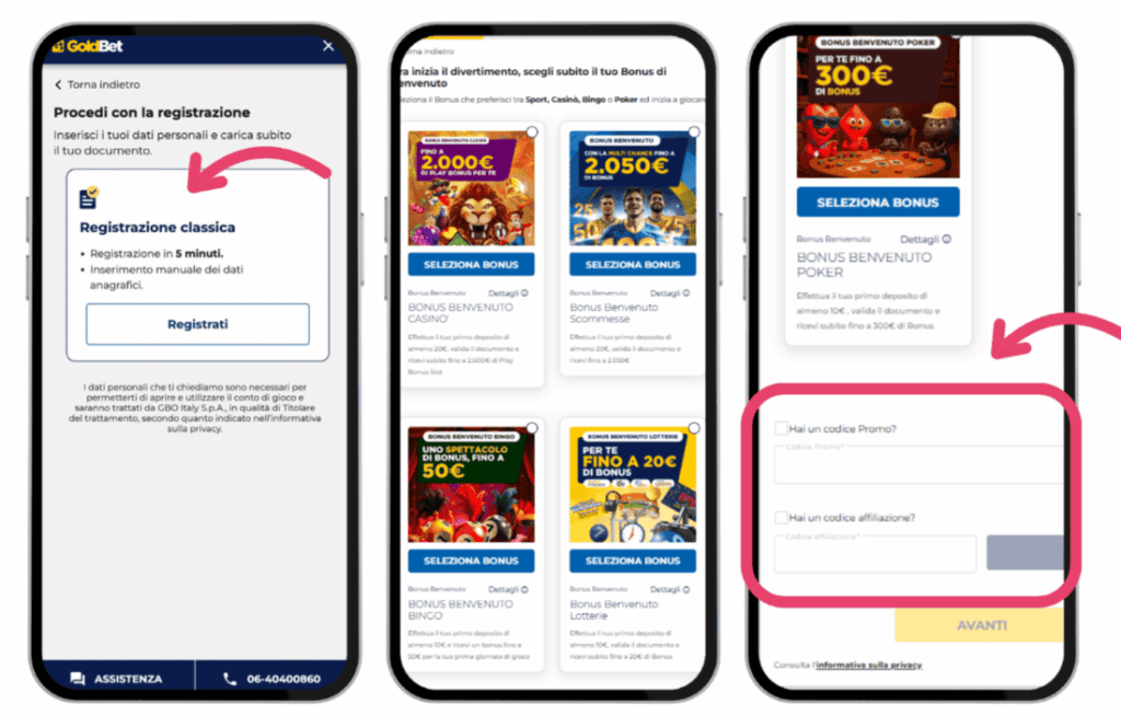 Dove inserire codice promozionale Goldbet