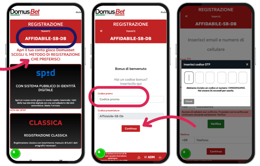Registrazione con codice promo Domusbet