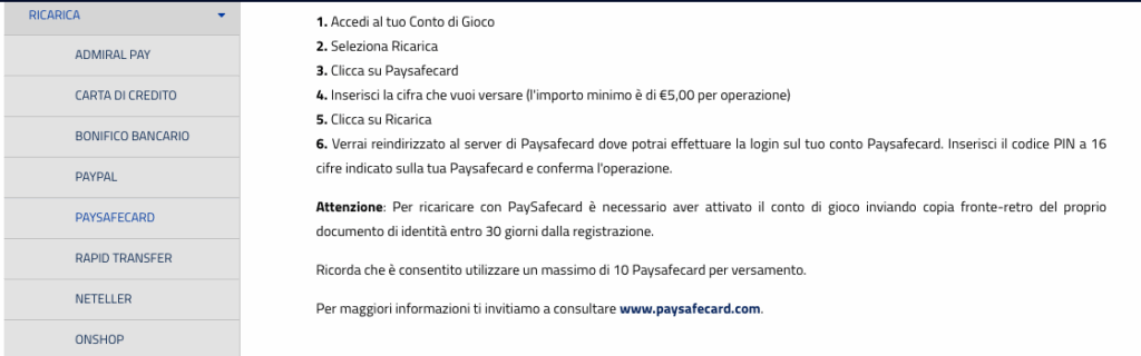 AdmiralBet deposito 5&euro;