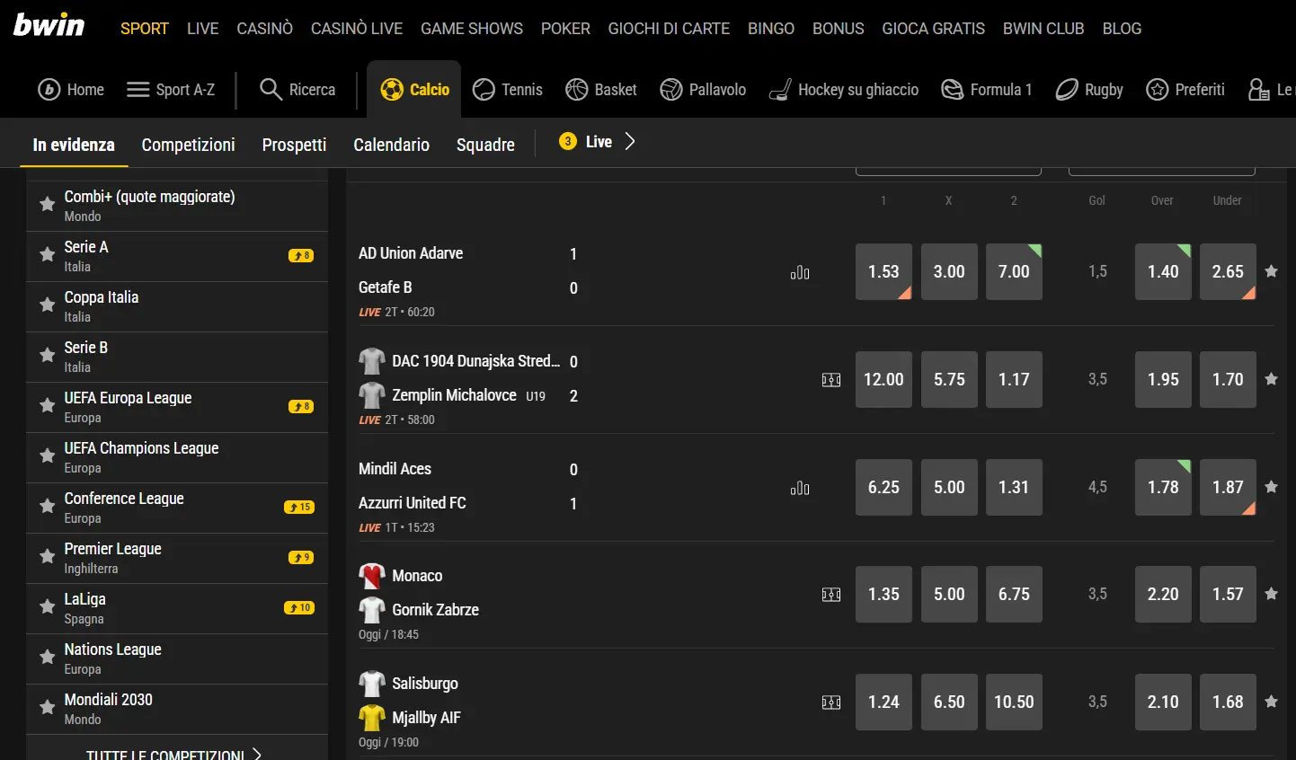 Le scommesse calcio su bwin