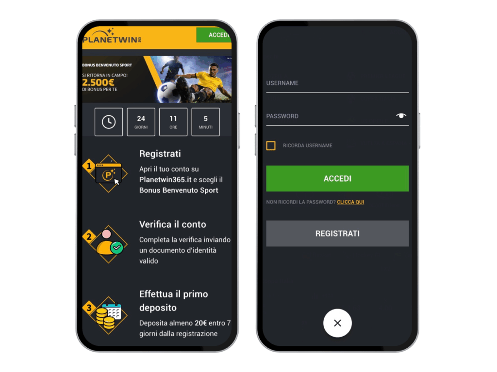 La registrazione su Planetwin365
