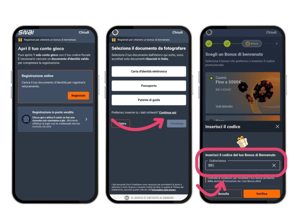 Registrazione snai codice bonus